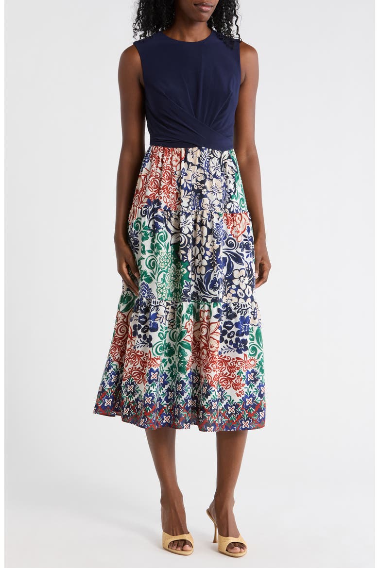 Sleeveless Twofer Midi Dress, Main, color, NAVY MULTI