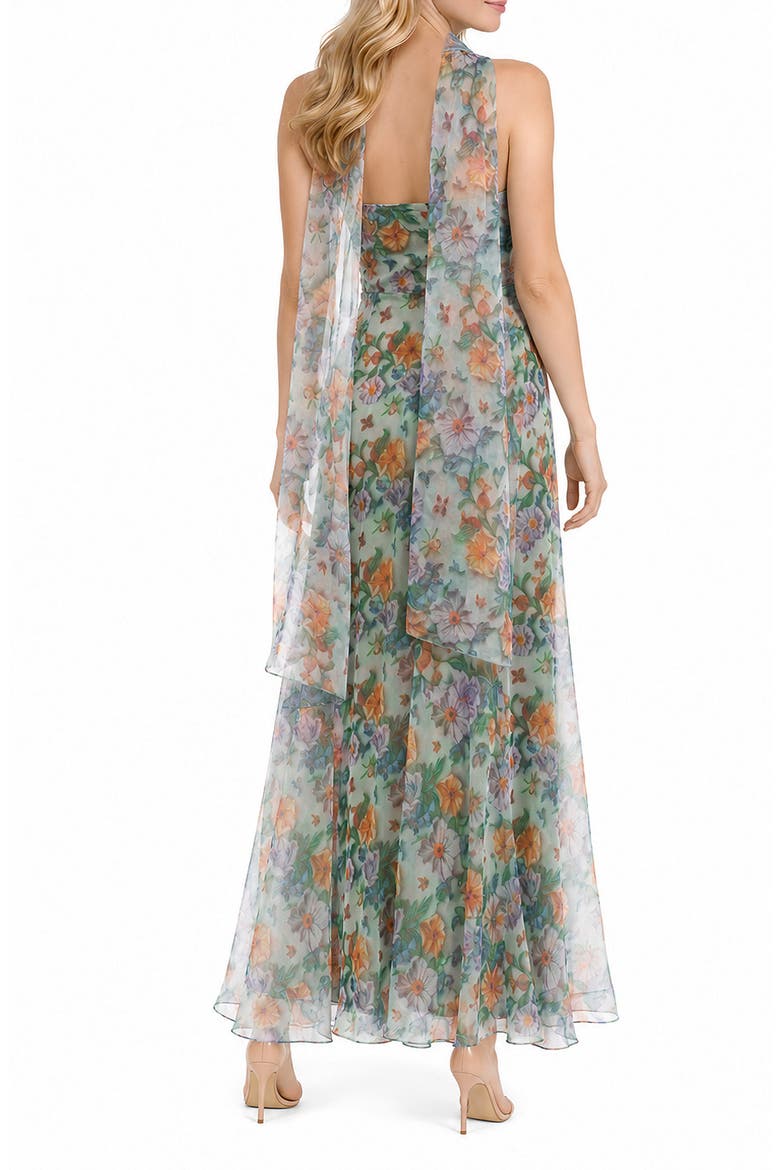 Floral Satin Organza Ball Gown with Scarf, Alternate, color, GREEN MULTI