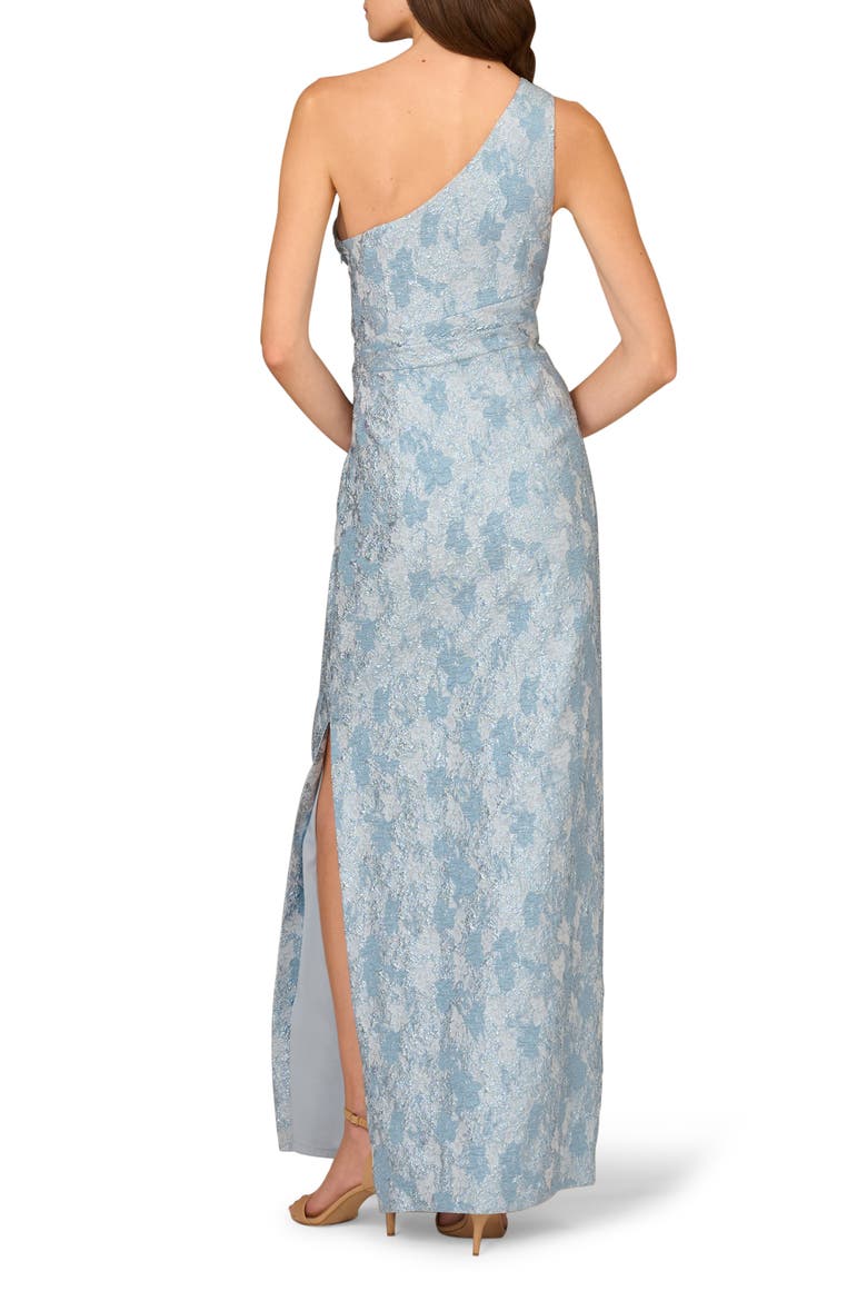 Metallic Floral Jacquard One-Shoulder Gown, Alternate, color, TROPEZ BLUE
