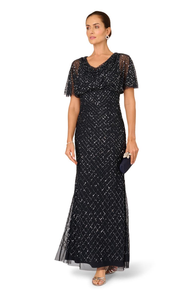 Adrianna Papell Beaded Cowl Neck Evening Gown, Alternate, color, Midnight