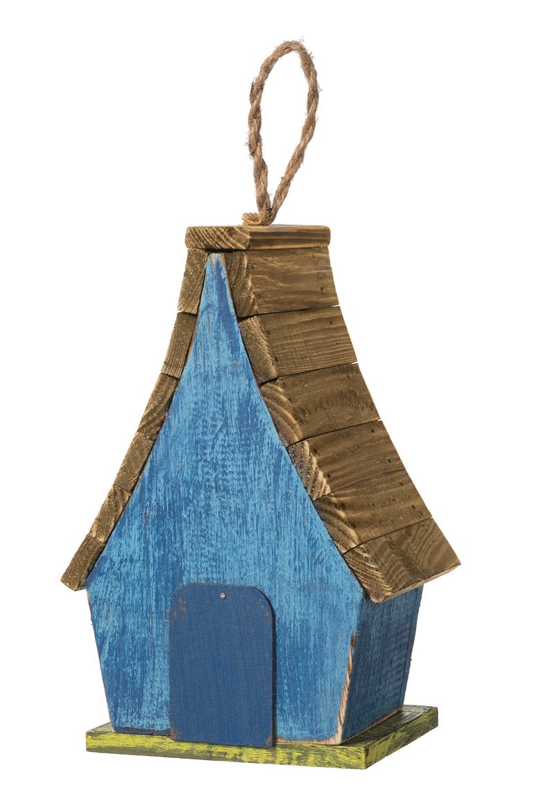 9.5"H Distressed Solid Wood Birdhouse with 3D Leaves, Alternate, color, Blue