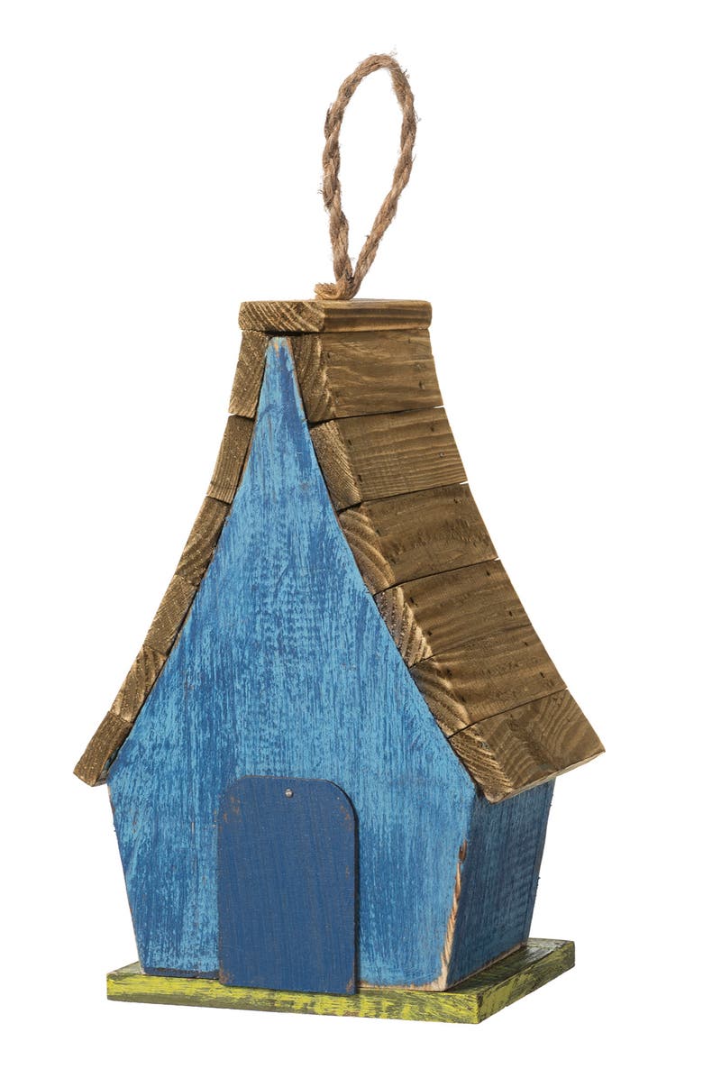 Glitzhome 9.5"H Distressed Solid Wood Birdhouse with 3D Leaves, Alternate, color, Blue