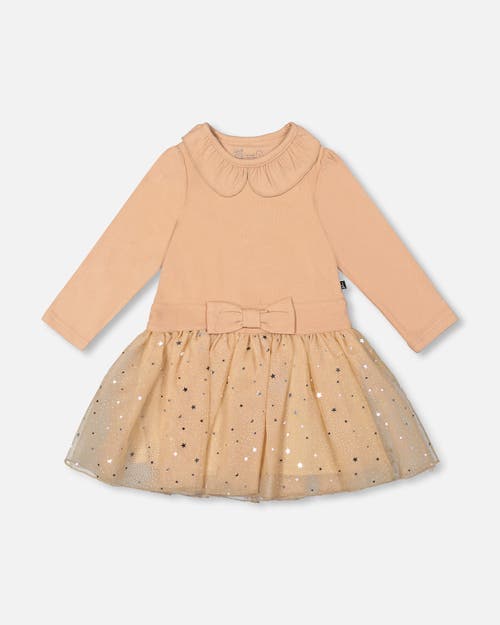 Deux Par Deux Bi-material Dress With Glittering Skirt In Neutral