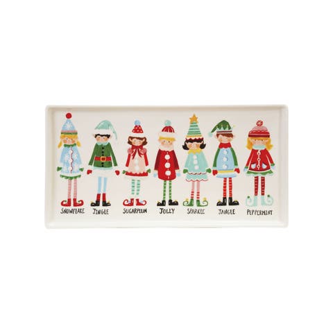 Stoneware Platter with Santa's Elves Print, Multicolor