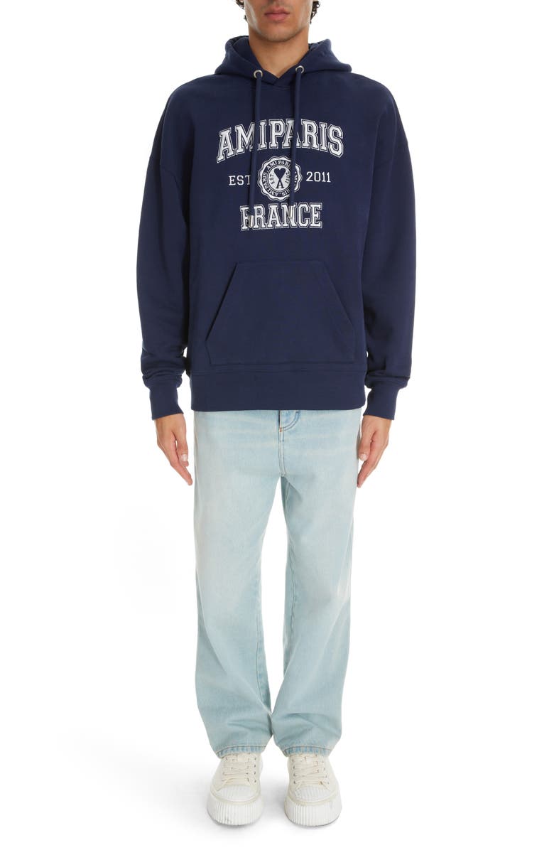 AMI PARIS France Logo Embroidered Organic Cotton Hoodie, Alternate, color,