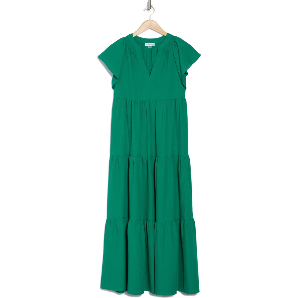 CALVIN KLEIN CALVIN KLEIN FLUTTER SLEEVE TIERED A-LINE MAXI DRESS