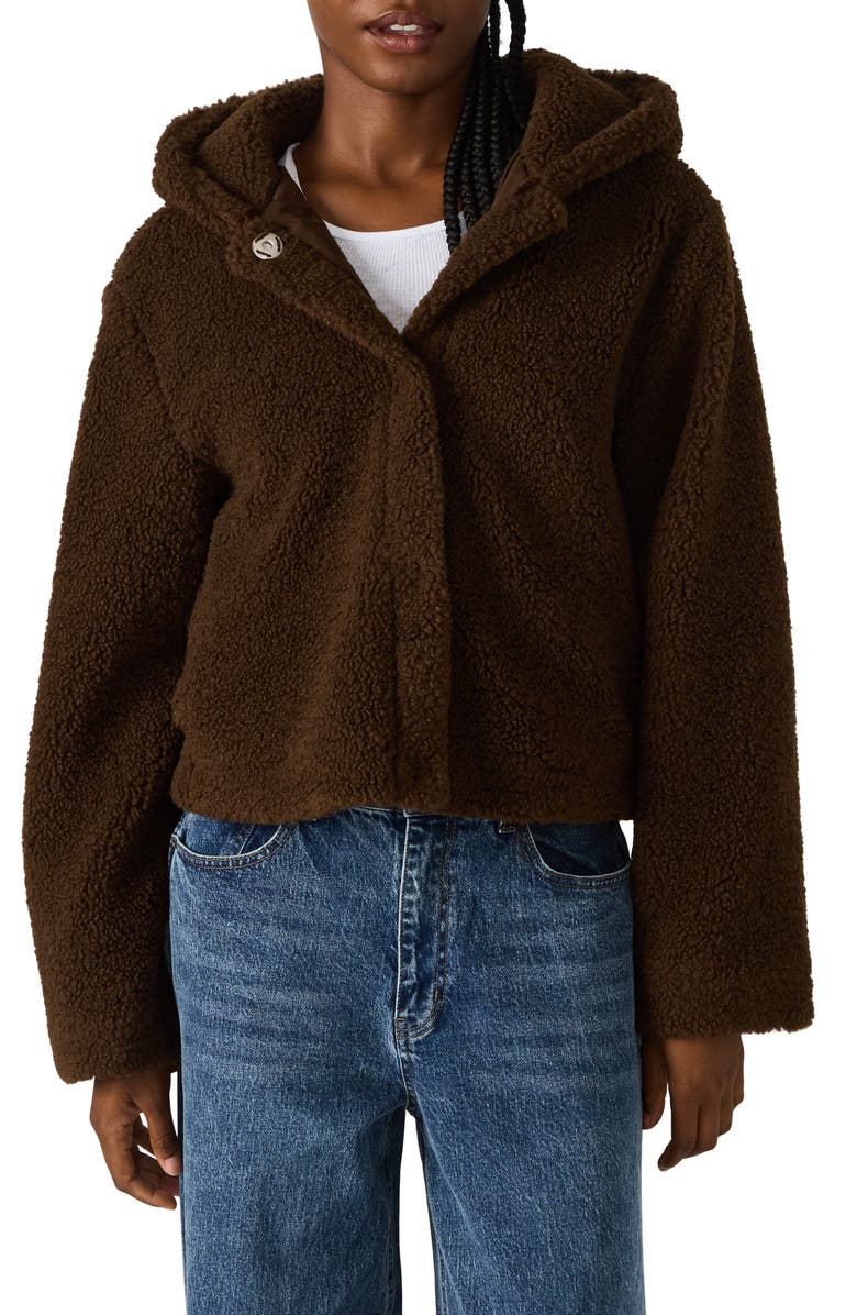 Steve Madden Hooded Faux Shearling Jacket, Main, color, Dark Espresso