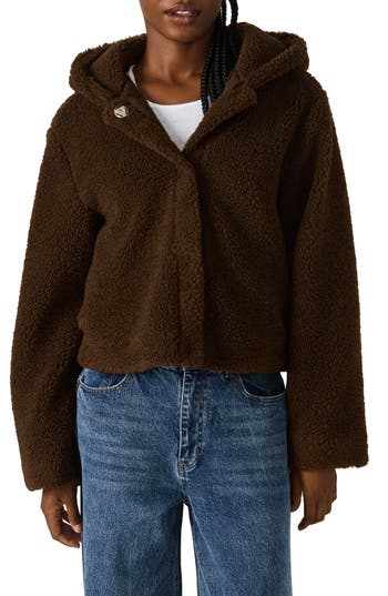 Steve Madden Hooded Faux Shearling Jacket In Brown