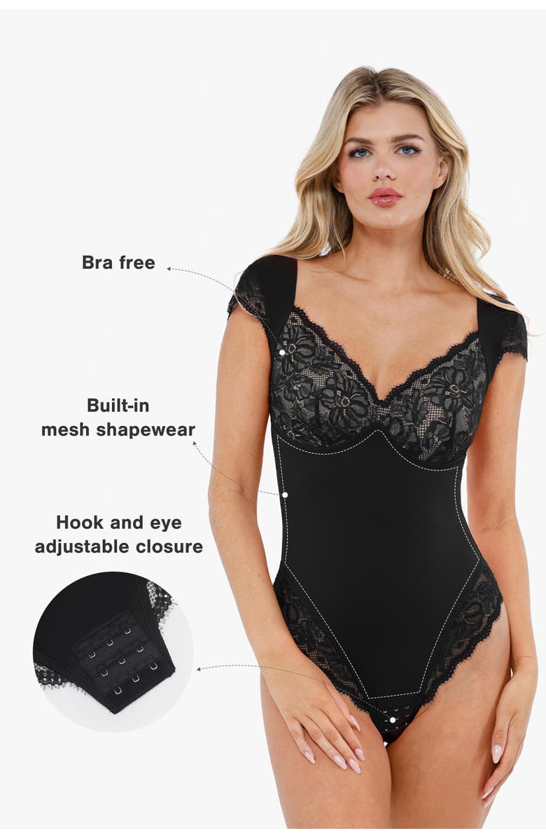 Popilush Shapewear Cap Sleeve Slimming Lace Cup Bodysuit, Alternate, color, Midnight Black