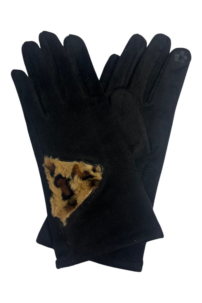Cheetah Print Faux Fur Trim Gloves, Main, color, BLACK
