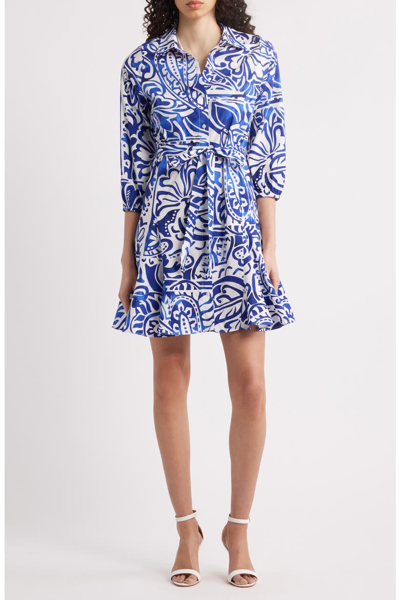 Collar Tie Waist Long Sleeve Dress, Main, color, BLUE MULTI