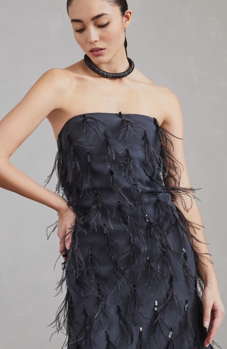Brunello Cucinelli Crispy silk mermaid dress with dazzling feather embroidery, Alternate, color, 
