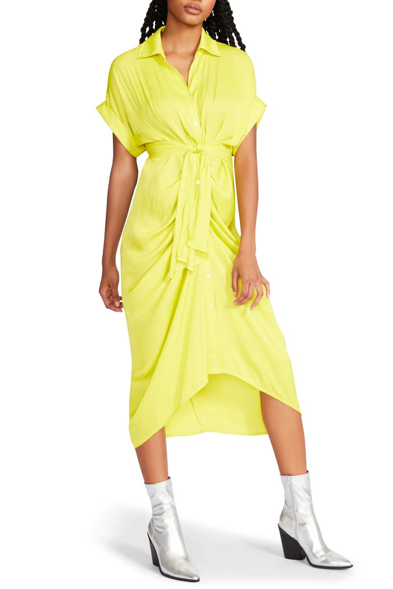 Tori Tie Waist Satin Midi Shirtdress, Main, color, SULPHUR SPRING