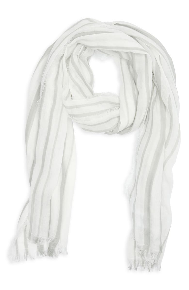Vince Variegated Stripe Cotton Fringe Scarf, Alternate, color, Sea Stone Off White
