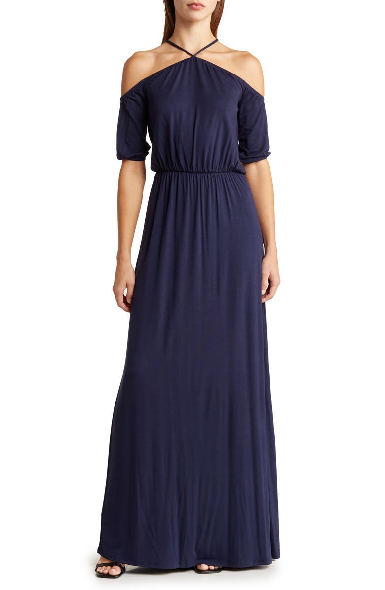 GO COUTURE Tie Neck Maxi Dress, Main, color, Navy