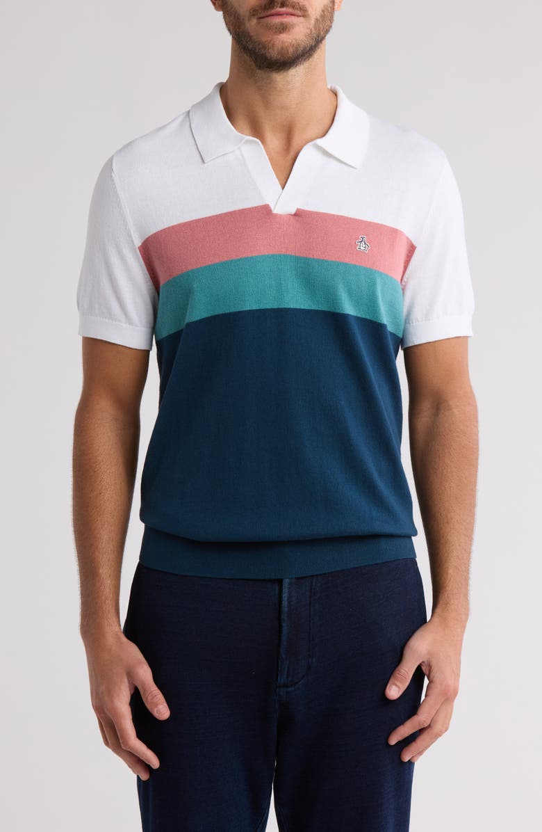 Original Penguin Stripe Cotton Jersey Polo, Main, color, Blue Wing Teal
