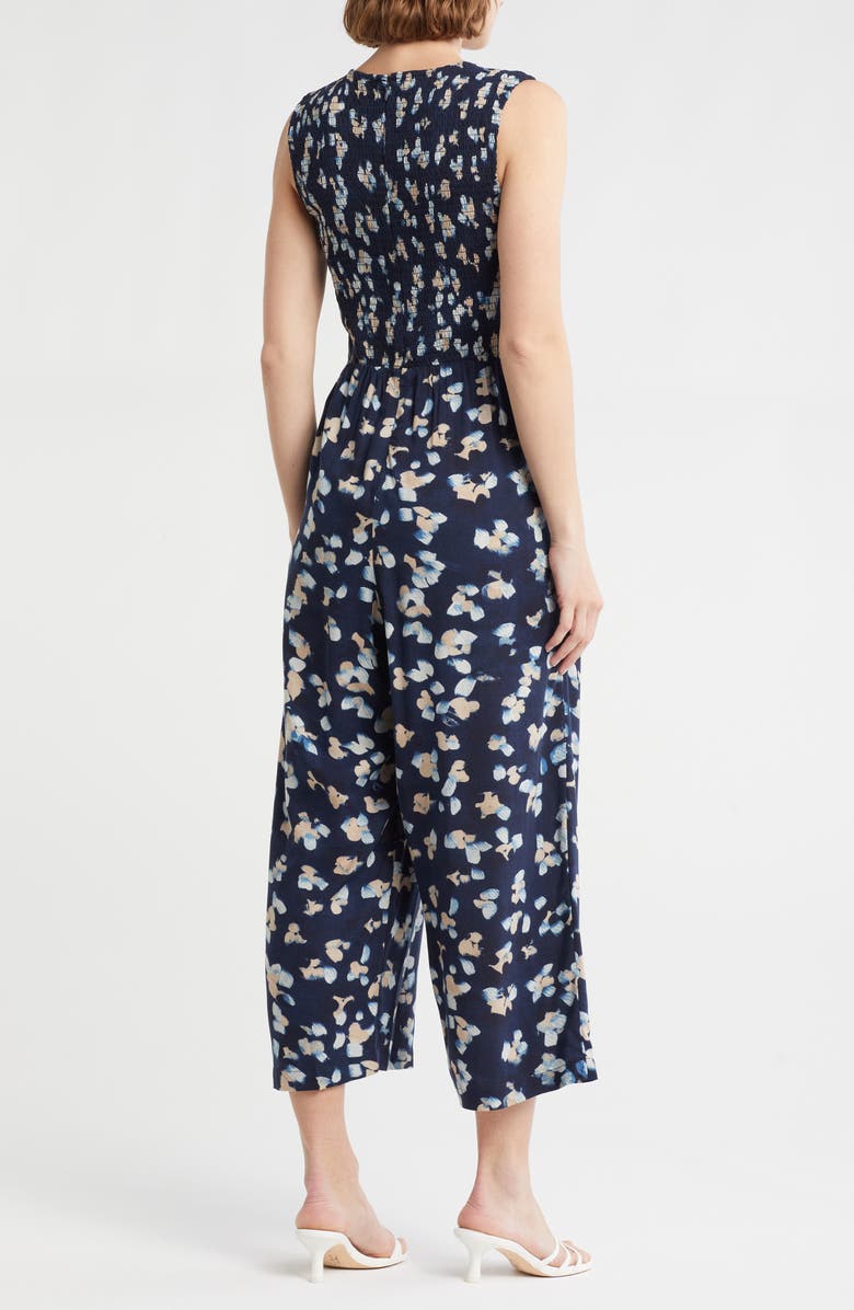 Calvin Klein Ditsy Floral Smocked Jumpsuit, Alternate, color, Indigo Multi
