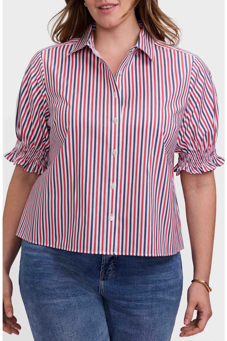 Vivienne Stripe Elbow Sleeve Matte Sateen Button-Up Shirt, Main, color, NAVY BLUE/ RED
