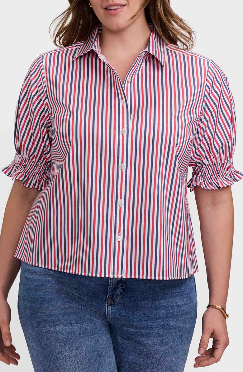 Foxcroft Vivienne Stripe Elbow Sleeve Matte Sateen Button-Up Shirt, Main, color, 