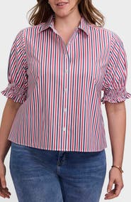 Foxcroft Vivienne Stripe Elbow Sleeve Matte Sateen Button-Up Shirt