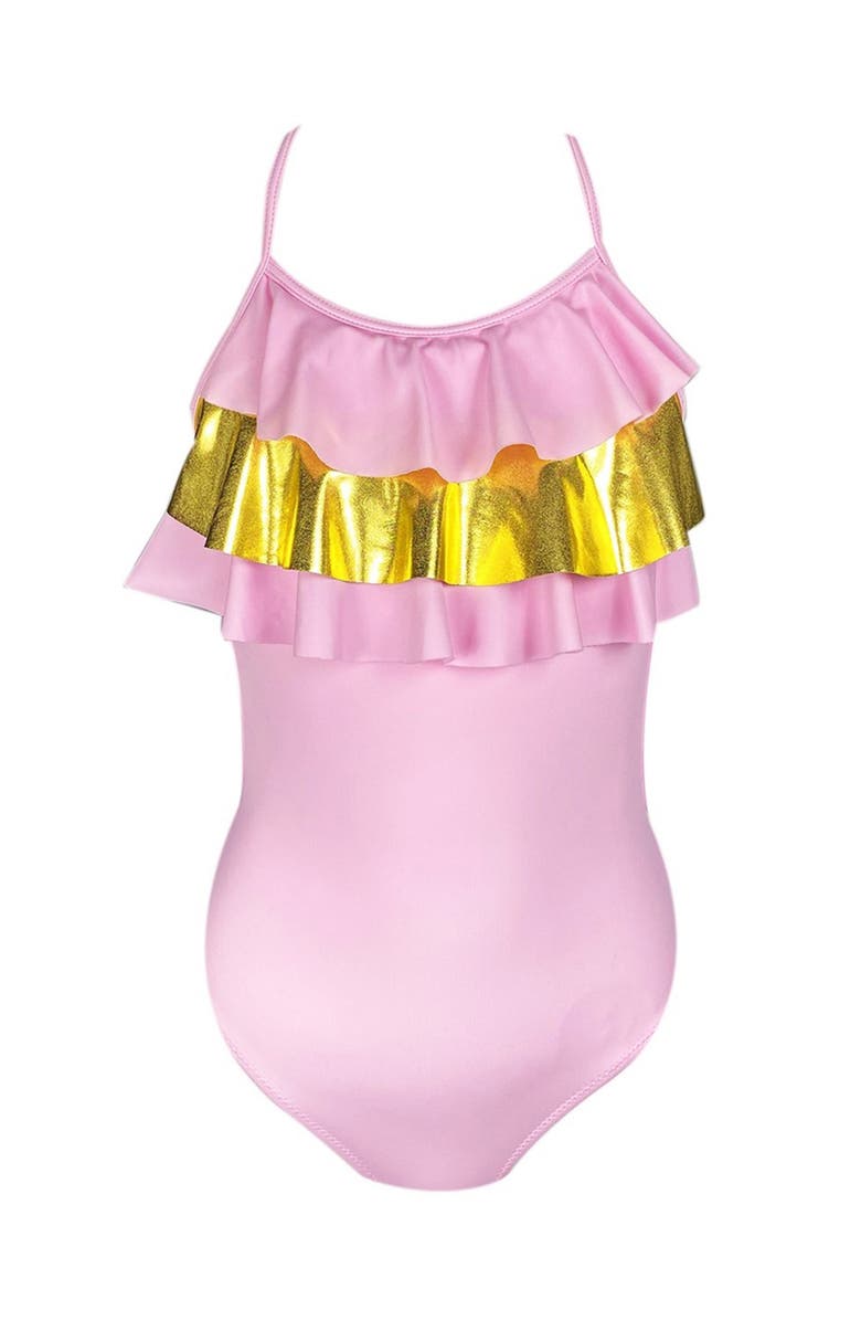 NESSI BYRD Shimmering Ruffle Detail One-Piece Swimsuit, Main, color, Pastel Pink