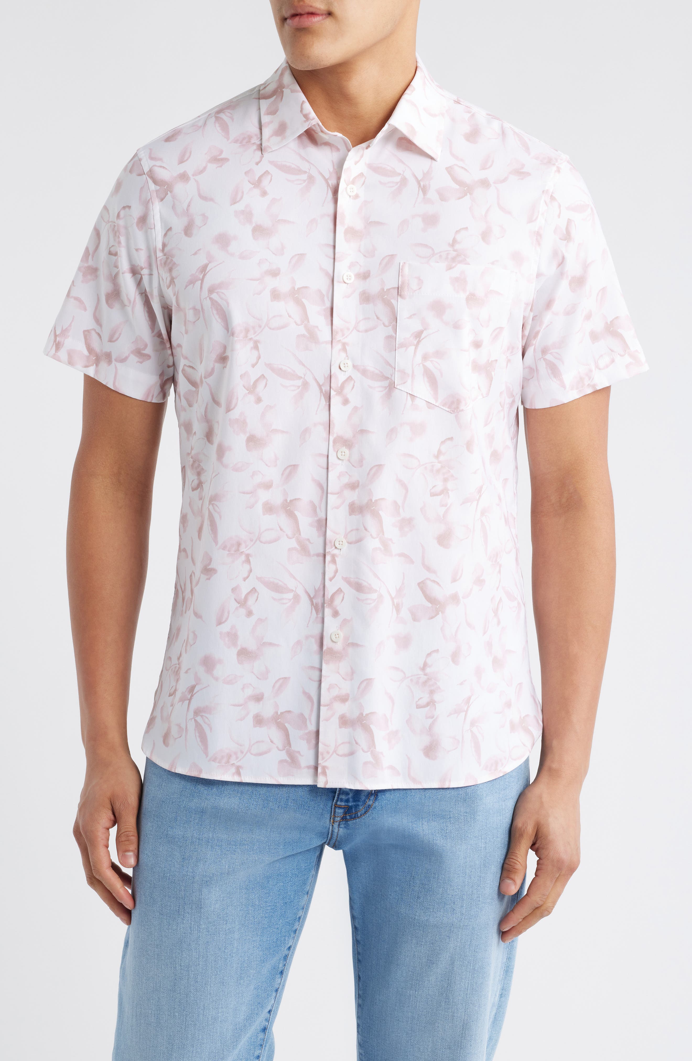 Nordstrom Leaf Print Short Sleeve Stretch Cotton Blend Button-Up Shirt
