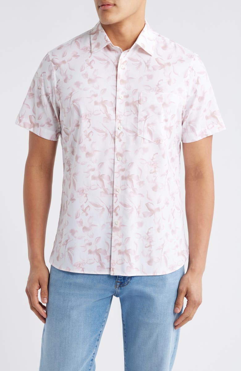 Nordstrom Leaf Print Short Sleeve Stretch Cotton Blend Button-Up Shirt, Main, color, White Painted Leaves