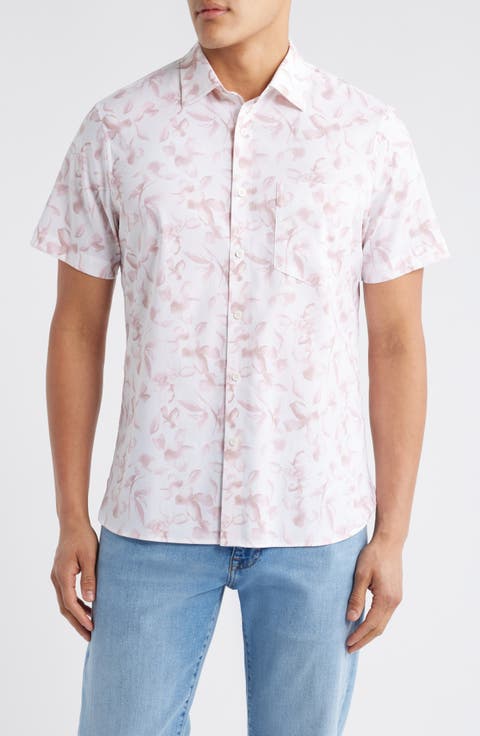 Leaf Print Short Sleeve Stretch Cotton Blend Button-Up Shirt