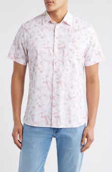 Nordstrom Leaf Print Short Sleeve Stretch Cotton Blend Button-Up Shirt
