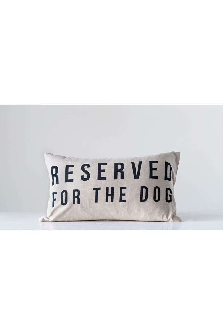 Cotton Lumbar Pillow with "Reserved For The Dog" Design, Natural and Black, Alternate, color, Natural