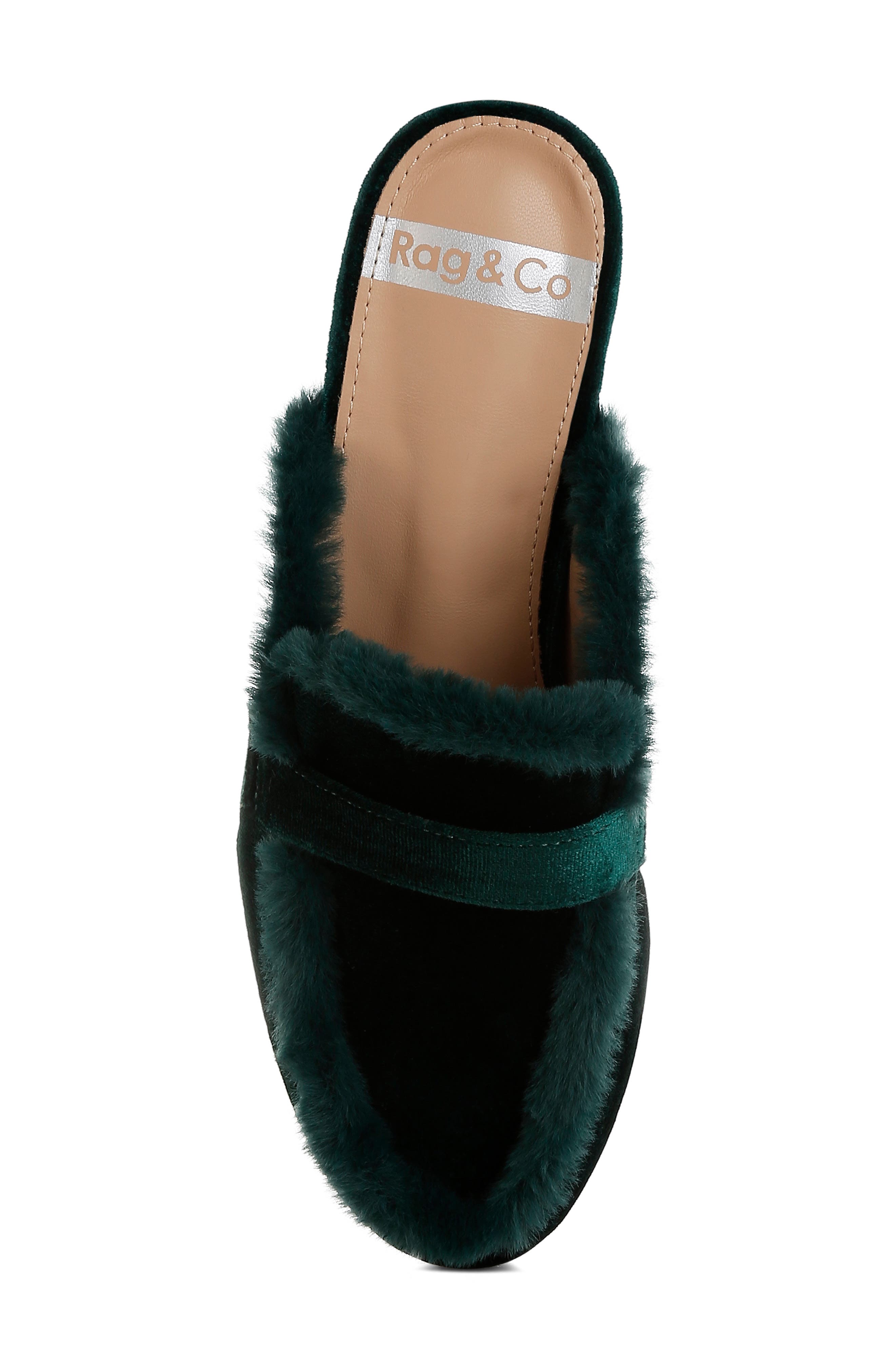 Rag & Co Malta Faux Fur Trim Velvet Mule, Alternate, color, Bottle Green