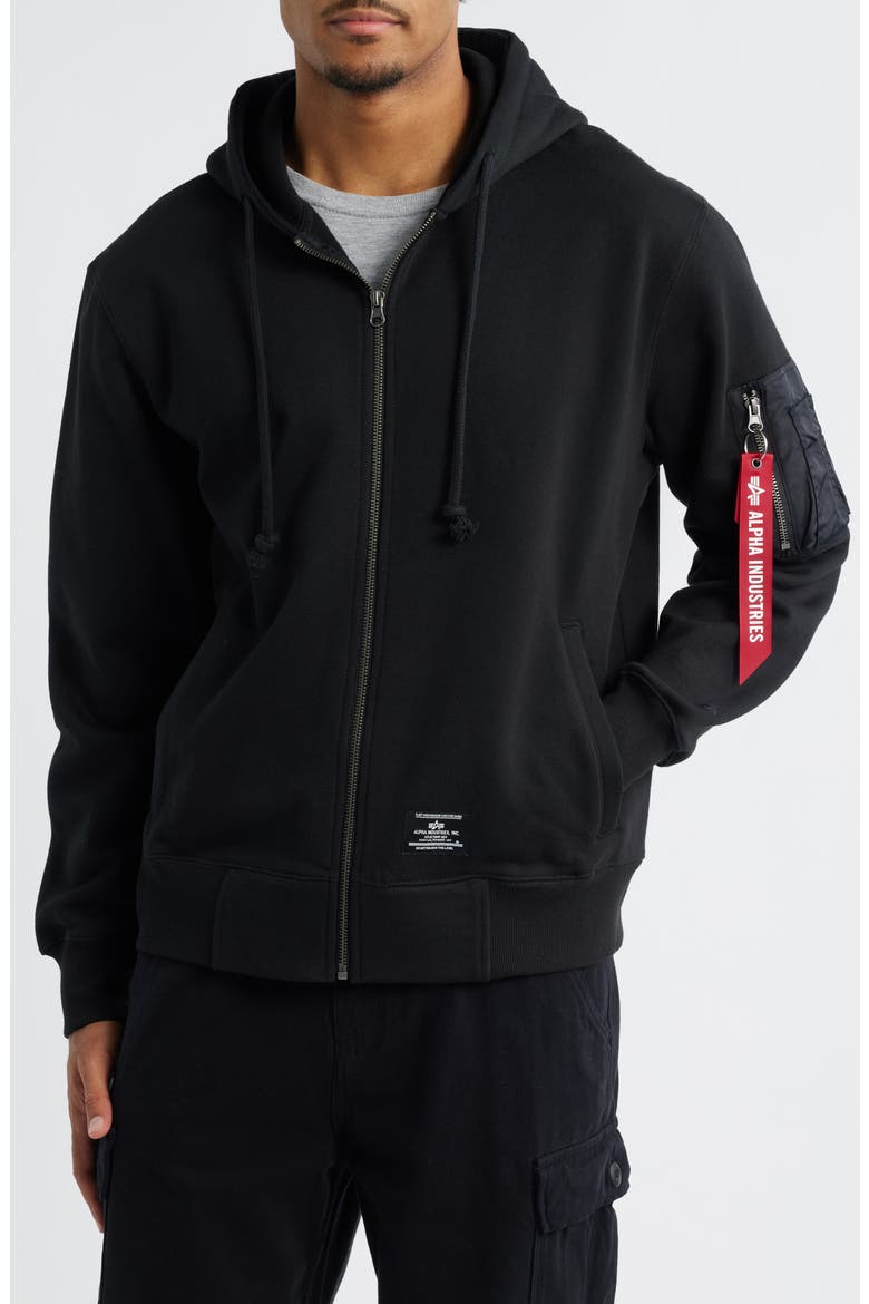 Utility Pocket Cotton Fleece Zip Hoodie, Alternate, color, BLACK