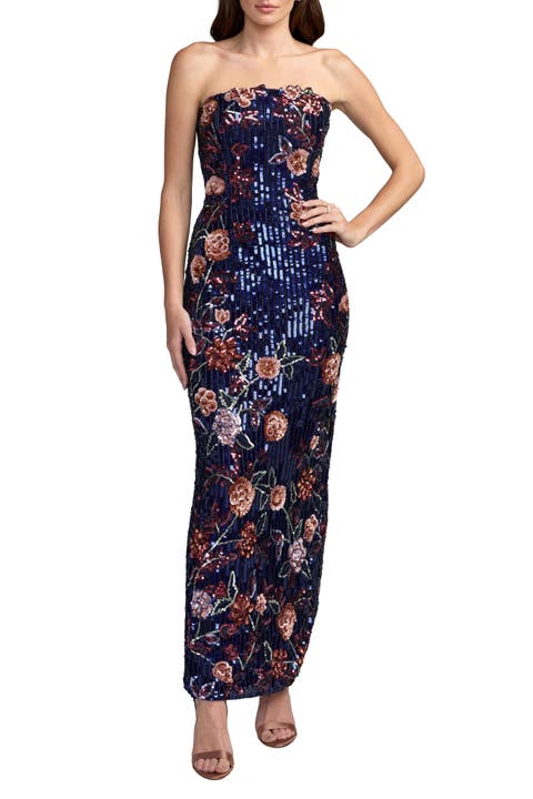 Floral Sequin Mesh Strapless Column Ankle Dress