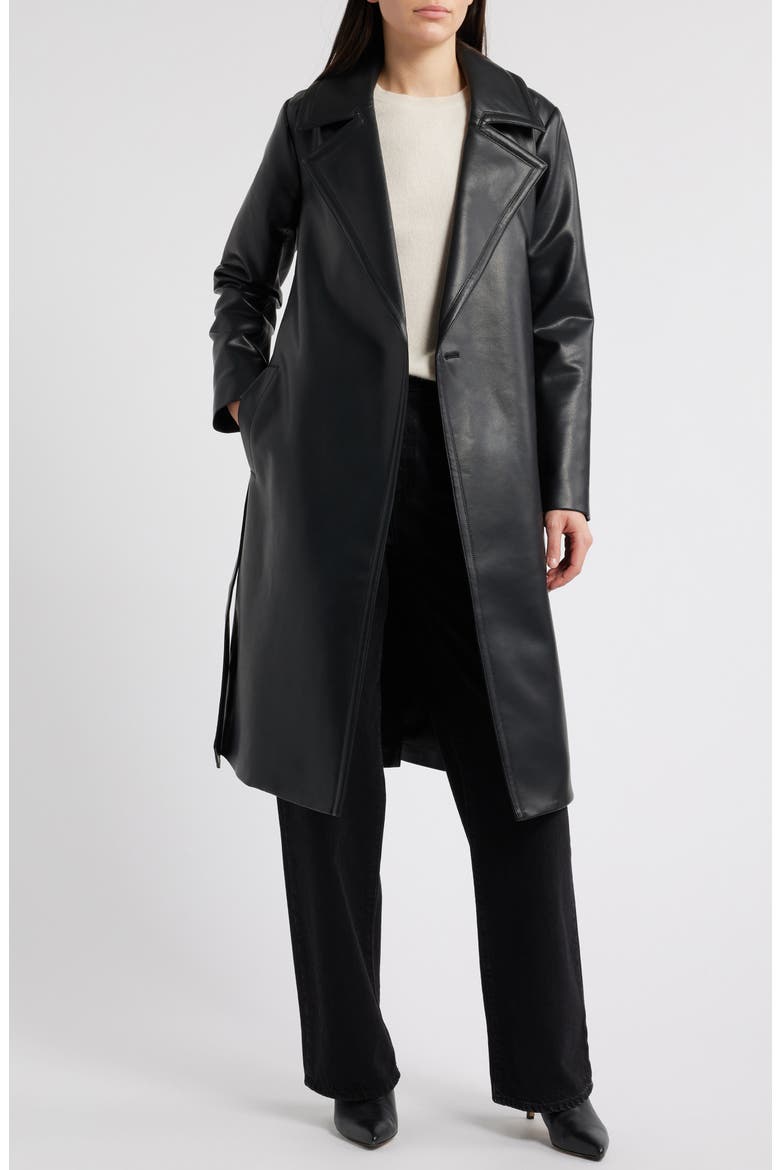 Long Faux Leather Trench Coat, Alternate, color, BLACK