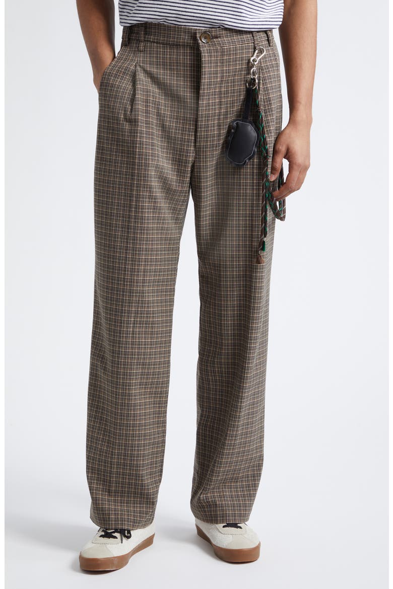 Plaid Pleated Lanyard Detail Pants, Main, color, BROWN