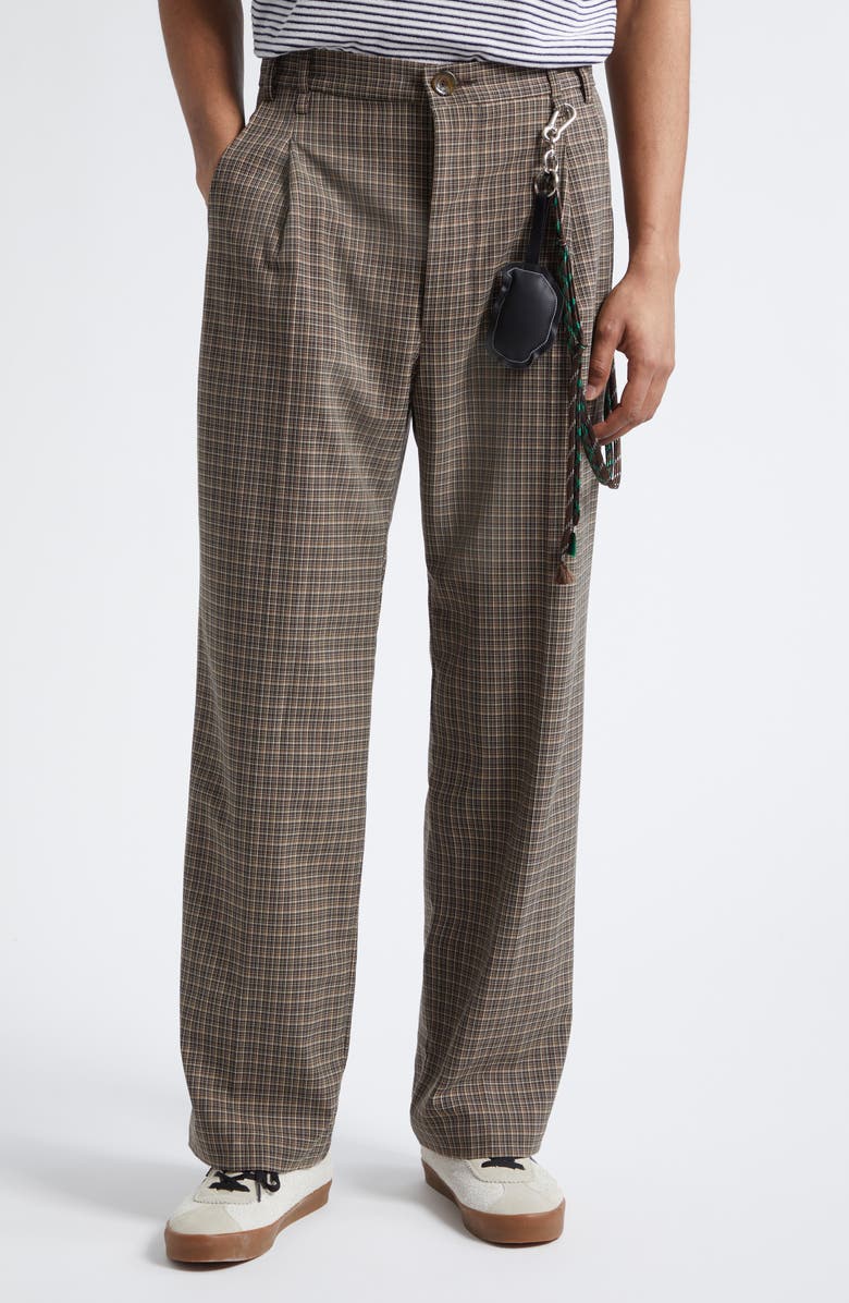 SONG FOR THE MUTE Plaid Pleated Lanyard Detail Pants, Main, color, Brown