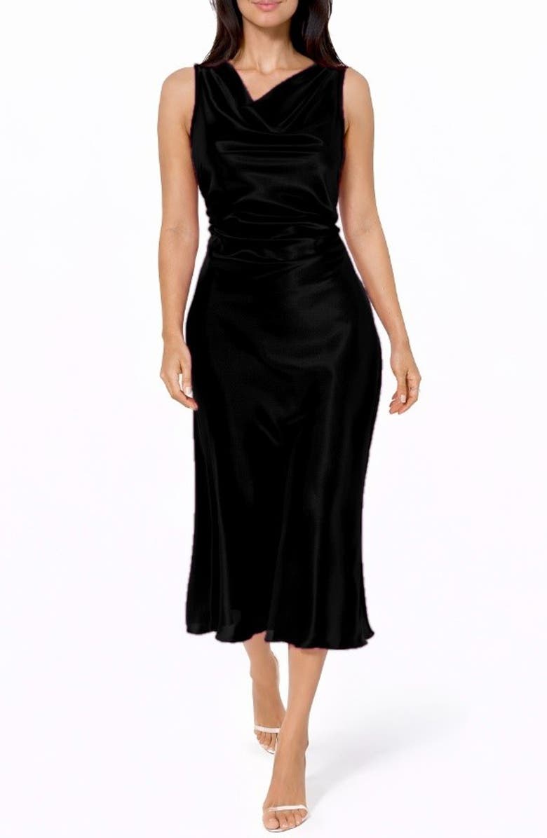 bebe Cowl Neck Sleeveless Satin Midi Dress, Main, color, Black