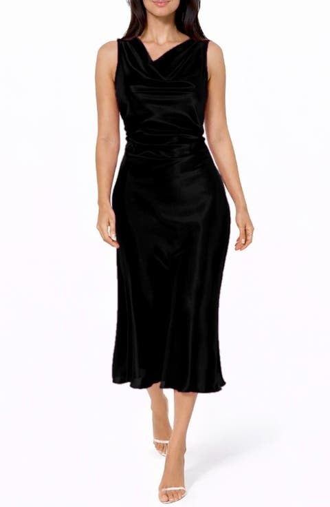 Cowl Neck Sleeveless Satin Midi Dress