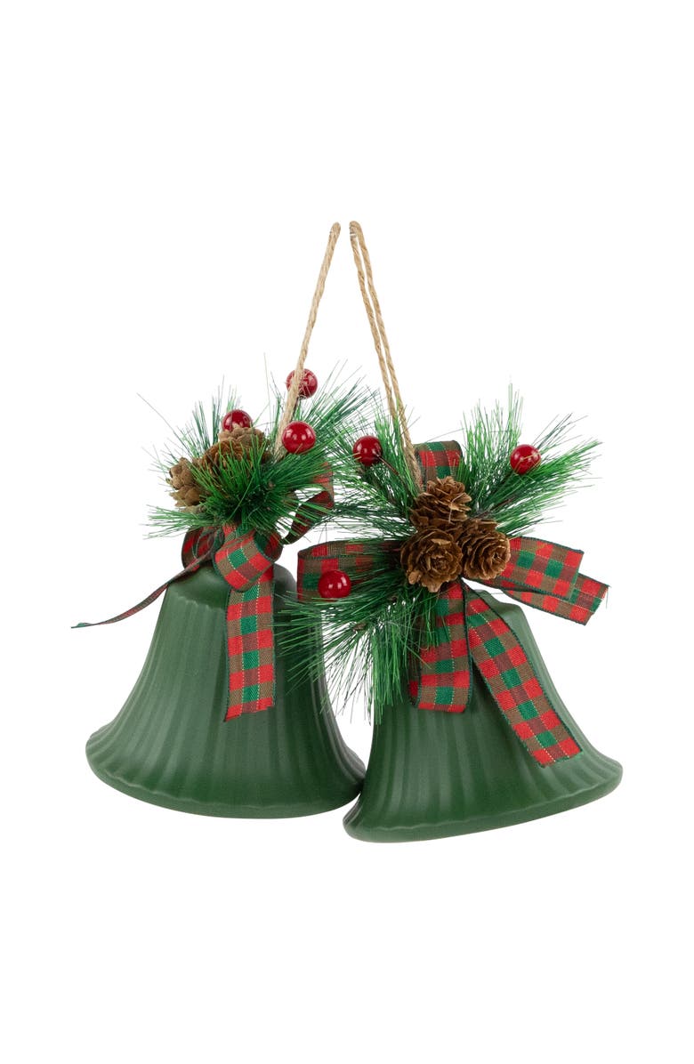 Northlight Christmas Bells with Pinecones and Plaid Bow Ornaments - 7" - Green - Set of 2, Main, color, Green