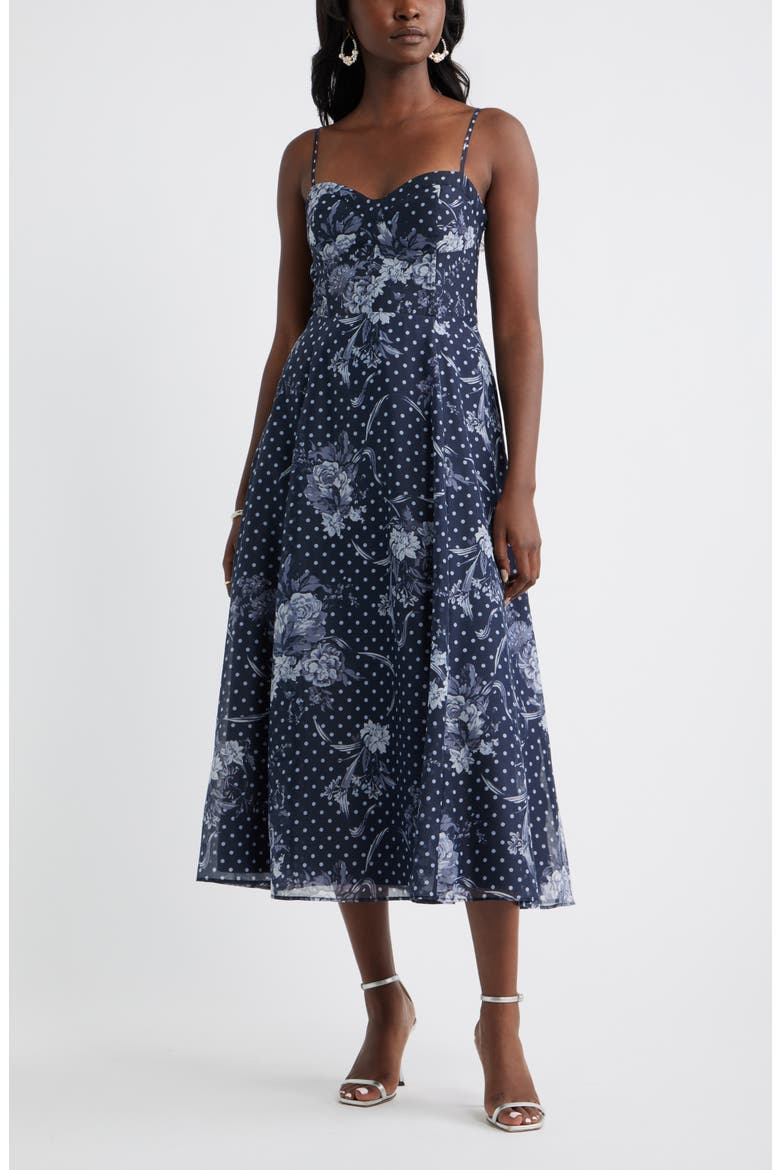 Floral Polka Dot Seamed Bodice Cocktail Dress, Main, color, NAVY- BLUE ANTOINETTE DOT