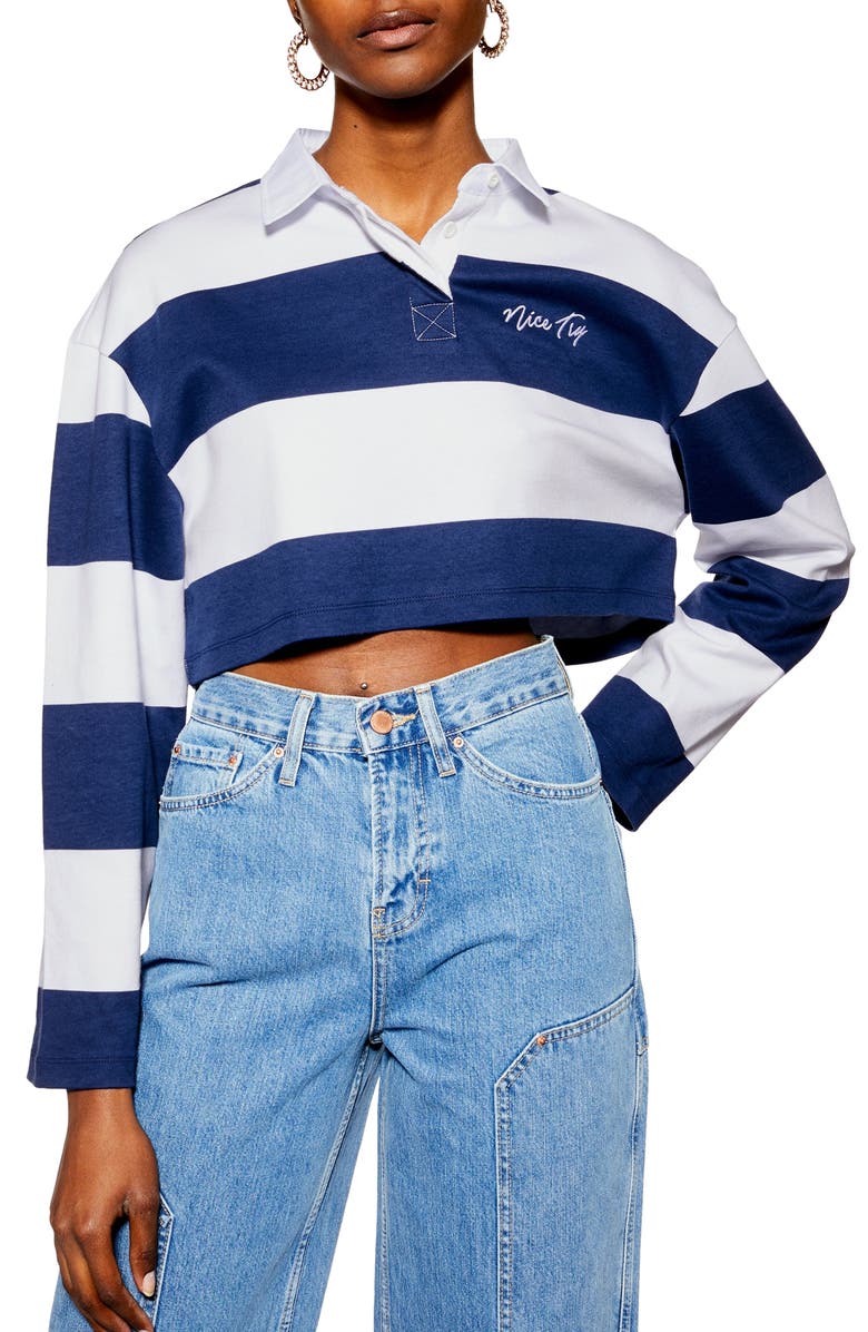 Topshop Nice Try Rugby Polo Crop Top, Main, color, Navy Blue Multi