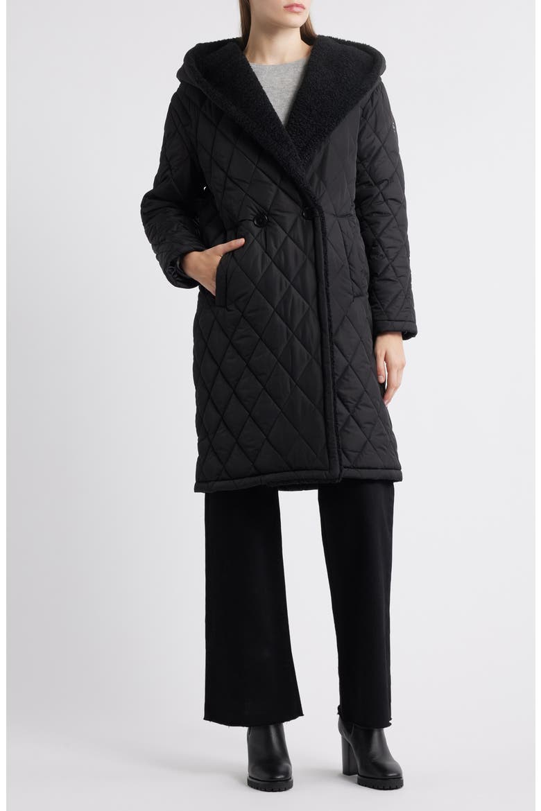 Faux Shearling Lined Quilted Hooded Coat, Main, color, BLACK