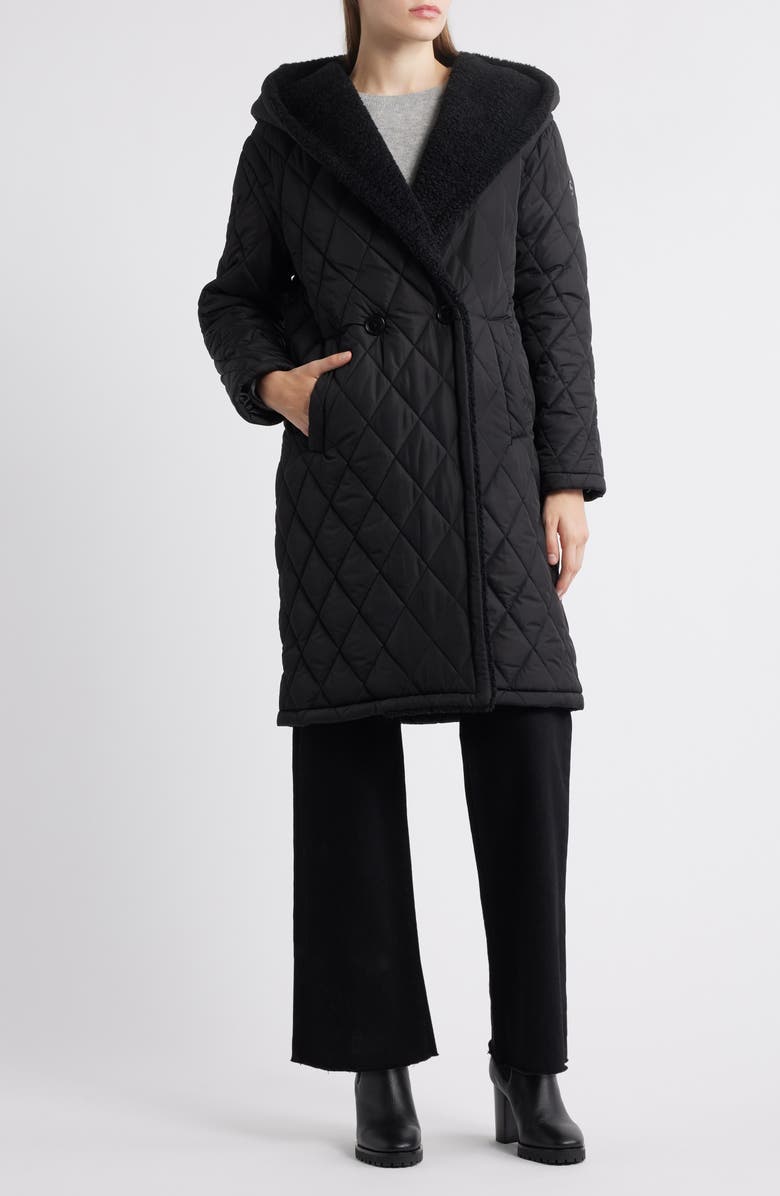 Michael Kors Faux Shearling Lined Quilted Hooded Coat, Main, color, Black