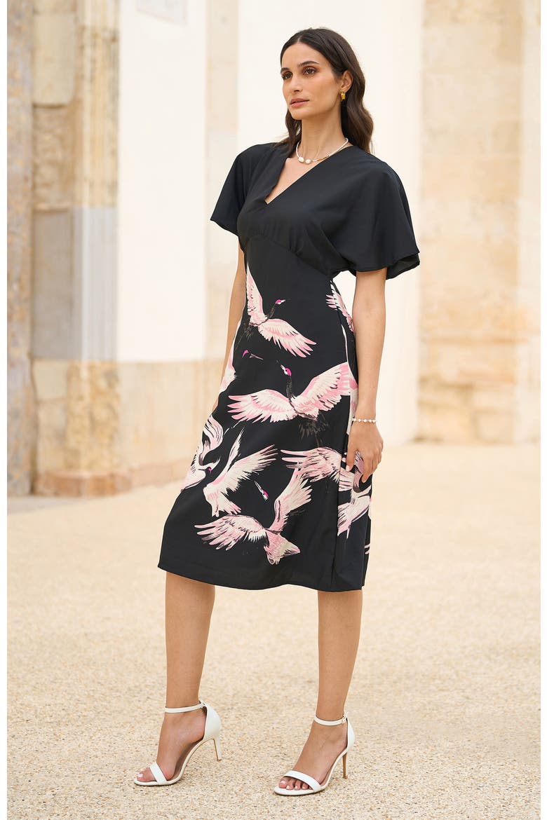 Crane Print Dress, Alternate, color, Black