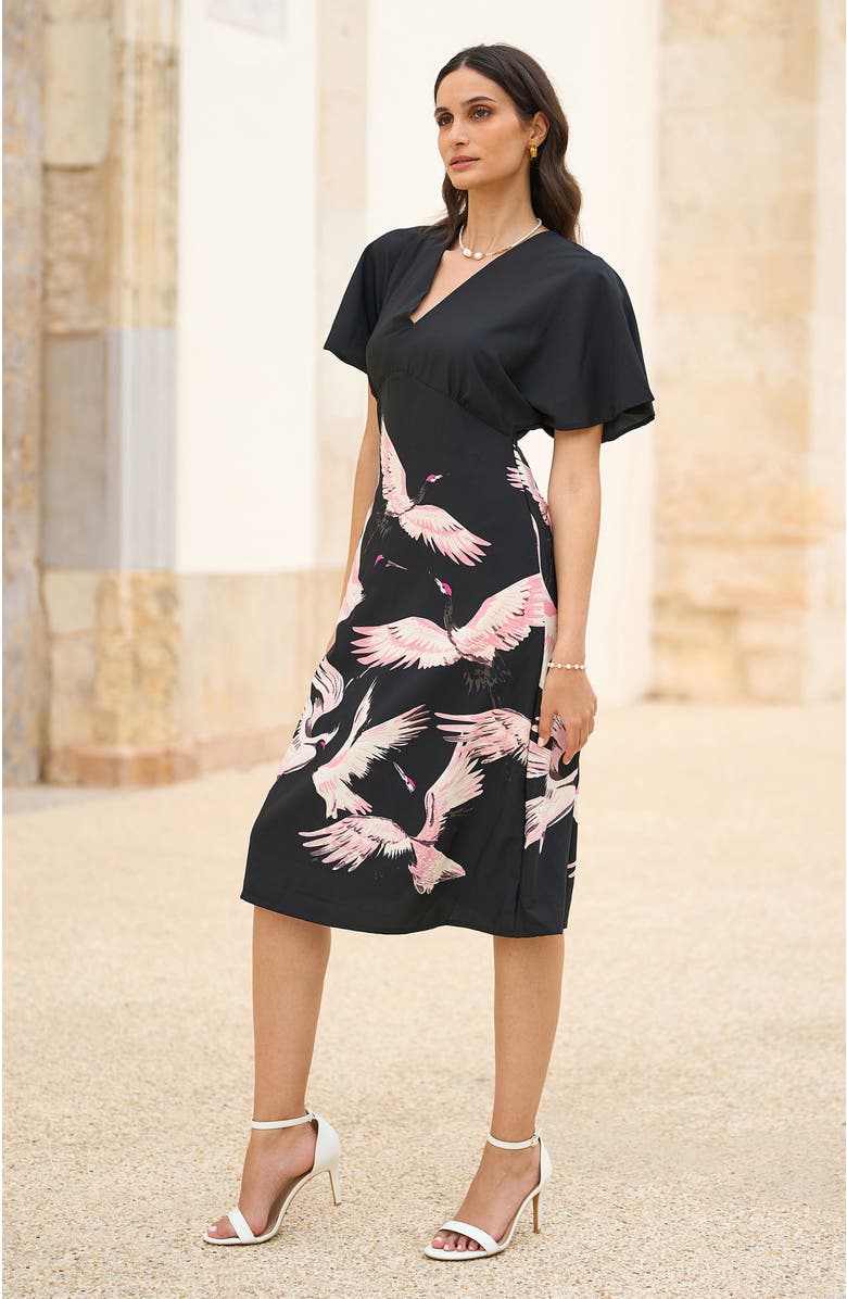 Yumi Crane Print Kimono Dress, Alternate, color, Black