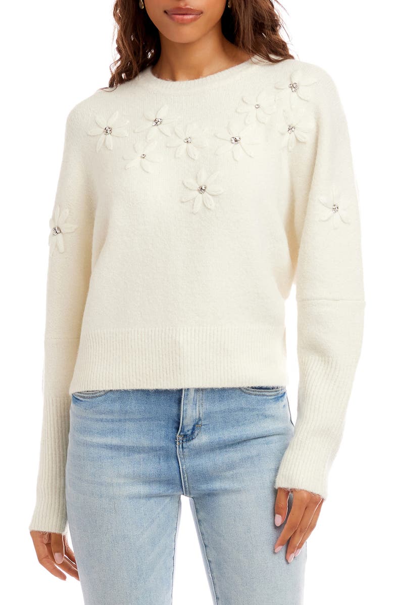 Karen Kane Embroidered Embellished Flower Sweater, Main, color, Cream
