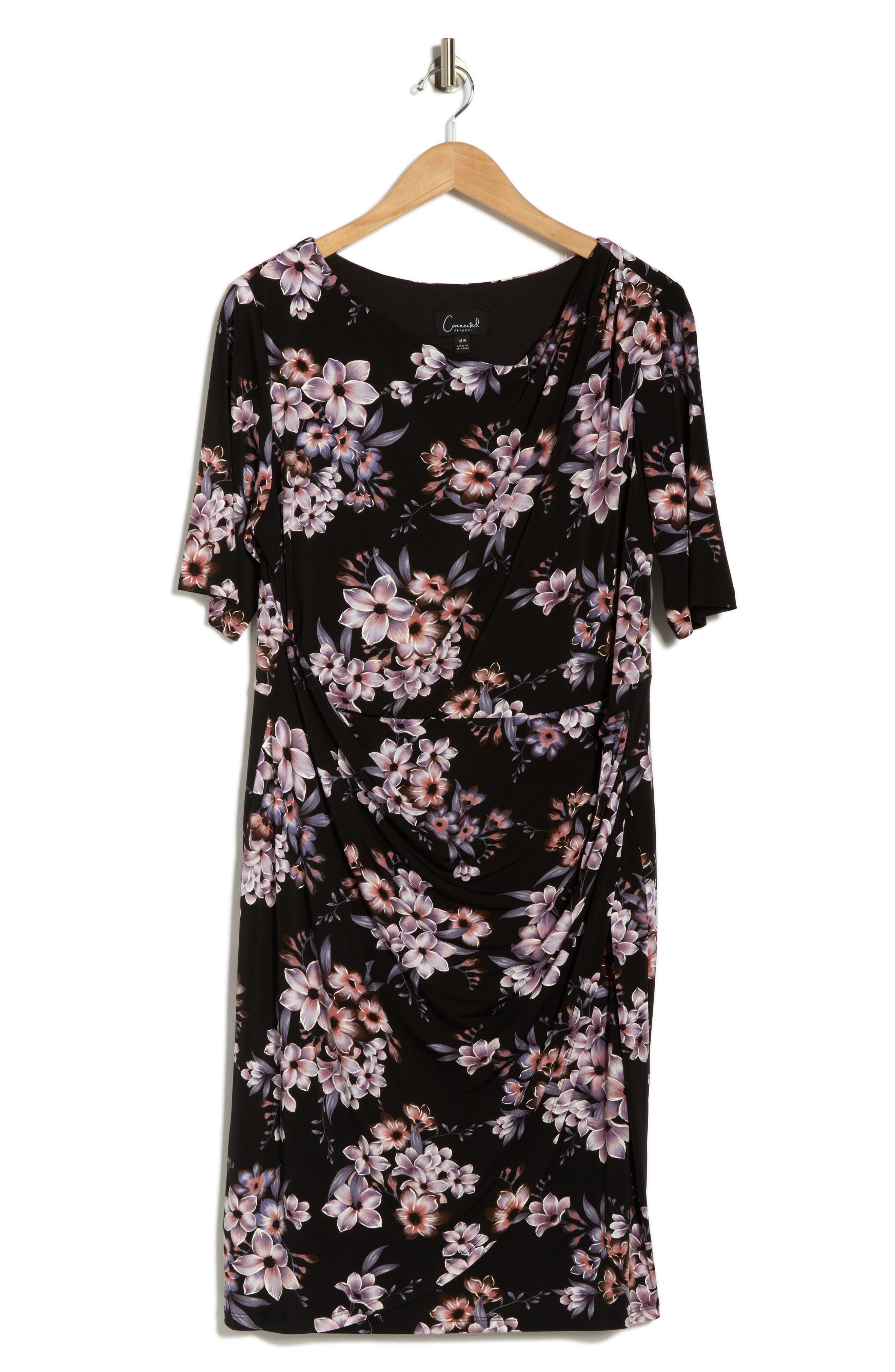 Connected Apparel Floral Elbow-Length Sleeve Faux Wrap Dress