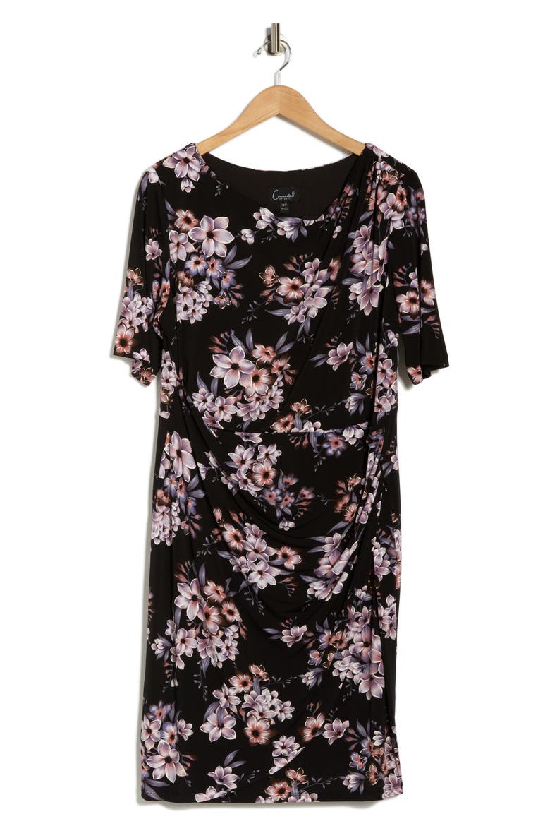 Floral Elbow-Length Sleeve Faux Wrap Dress, Alternate, color, BLACK/IRIS