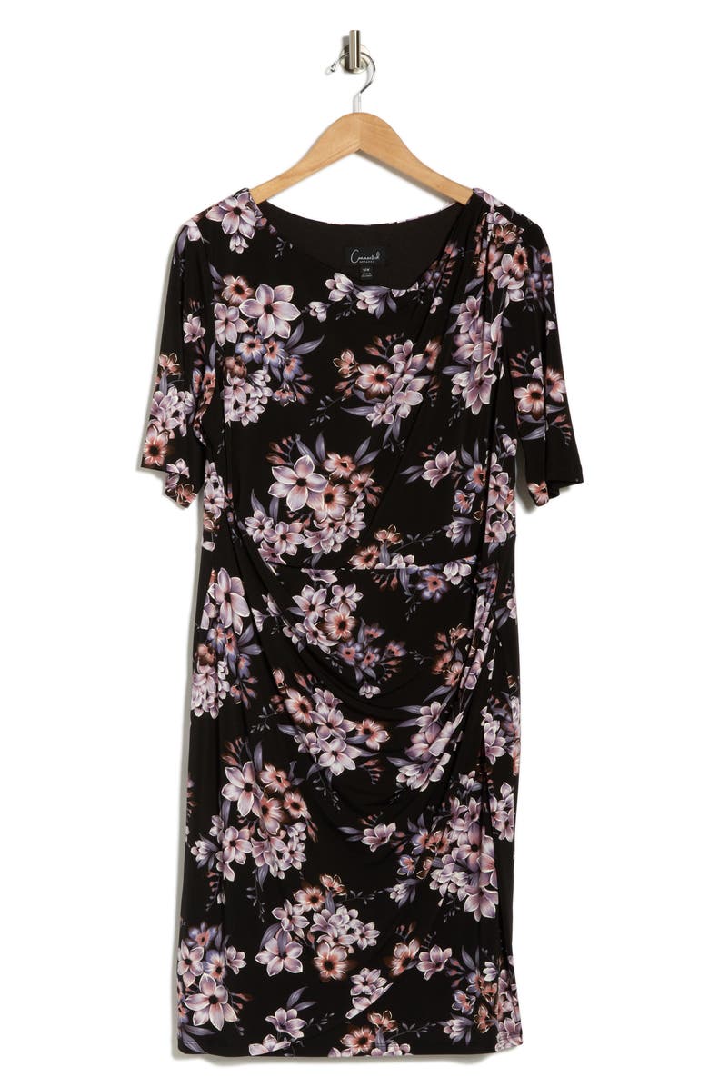 Connected Apparel Floral Elbow-Length Sleeve Faux Wrap Dress, Main, color,