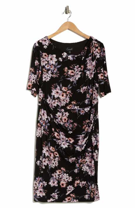 Connected Apparel Floral Elbow-Length Sleeve Faux Wrap Dress